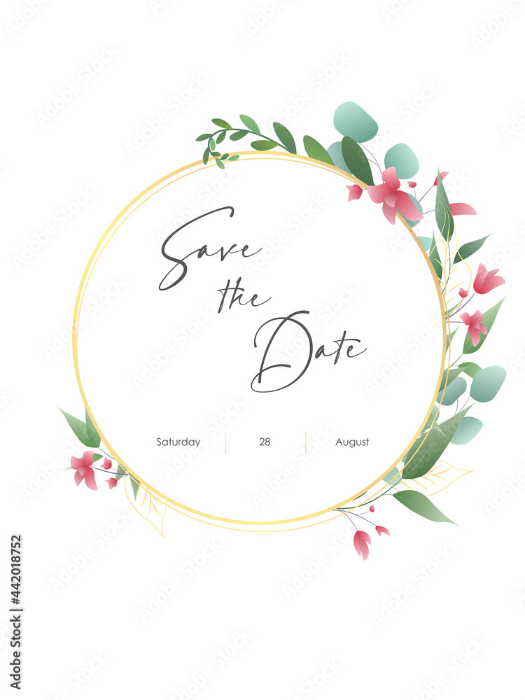 Wedding Invitations save the date card design with watercolor floral gold frame and border. Vector illustration EPS10