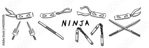 Japanese illustration. Hand drawn sketch. Japanese culture and history. Vector illustration of Japanese Ninja weapon icon. Graphic design elements. Isolated objects.