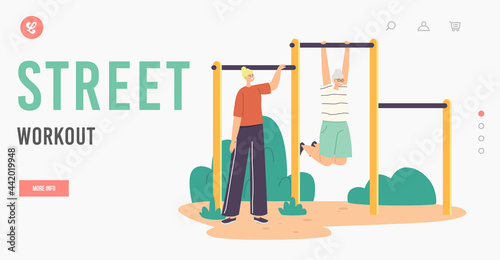 Street Workout Landing Page Template. Young Woman Training Senior Female Character Exercising on Horizontal Bar