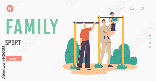 Family Sport Landing Page Template. Father and Mother Training Little Boy on Horizontal Bar. Son with Dad Exercising