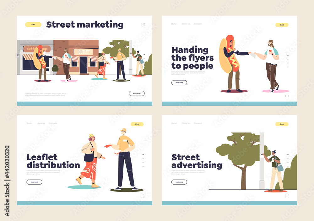 Street marketing and promotion distribution set of landing pages with promoter distributing flyers