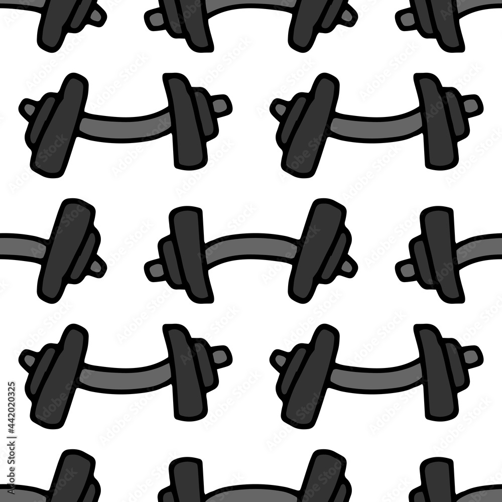 Vector seamless dumbbell pattern, drawn in a doodle style in gray with a black outline, a curved dumbbell is geometrically arranged, a repeating pattern on a white background for a sports design templ Vector seamless dumbbell pattern, drawn in a doodle style in gray with a black outline, a curved dumbbell is geometrically arranged, a repeating pattern on a white background for a sports design templ