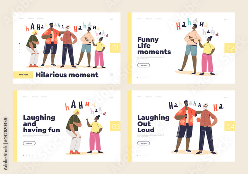 Set of landing pages with people laughing and having fun. Hilarious moments and funny story concept