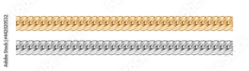 Realistic gold and silver necklace chains. Golden and chrome metal link for decoration or jewelry
