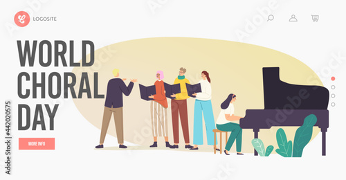 World Choral Day Landing Page Template. Choir Singers Characters Singing in Chorus with Musical Accompaniment