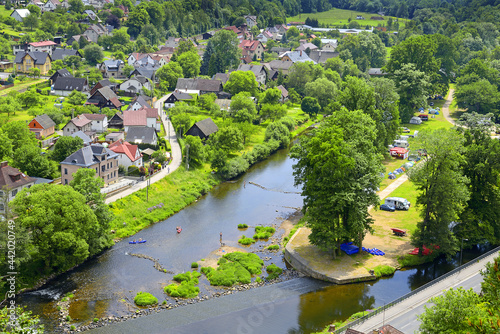 Jizera River and the village of Mala Skala (Little Rock). Mala Skala is located around 8km north-east of Turnov, it lies on both banks of the Jizera river, Bohemian Paradise region, Czech Republic photo