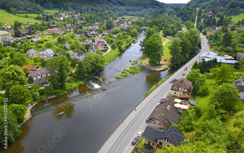 Jizera River and the village of Mala Skala (Little Rock). Mala Skala is located around 8km north-east of Turnov, it lies on both banks of the Jizera river, Bohemian Paradise region, Czech Republic photo