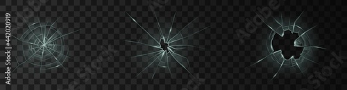 Broken window pane or door cracked hole realistic transparent glass isolated on dark background