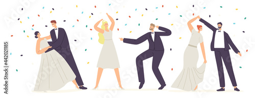 Wedding Dancing and Celebration Concept. Just Married Characters Dance, Newlywed Bride and Groom Couple Marriage