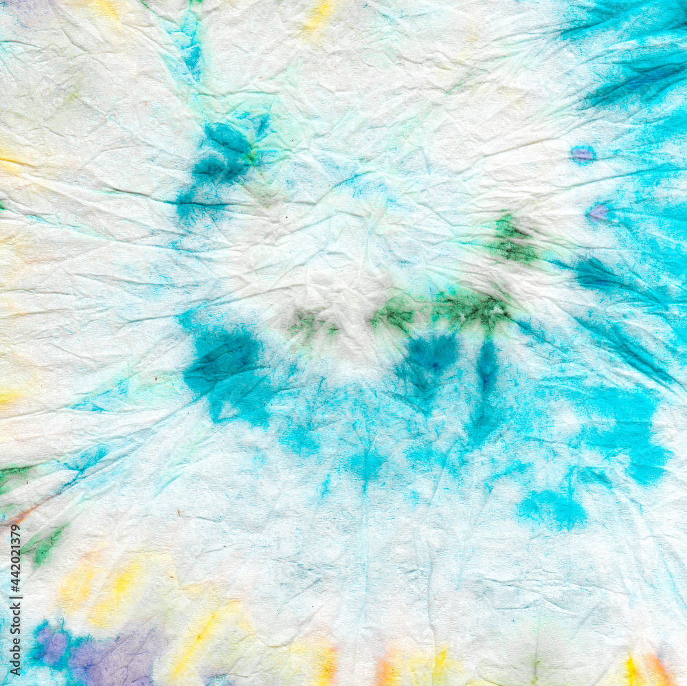 Obraz premium Cyan Tie Dye Spiral Background. Dyed Round Paint.