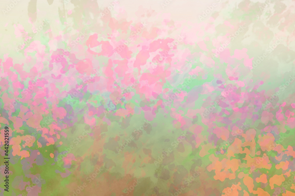 Abstract background of painted blotches of color, pink purple, peach, orange, and green in abstract impressionistic flowers in blobs of texture