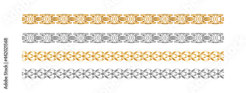 Seamless chain borders. Gold and silver chains elements jewelry objects for necklaces and bracelet