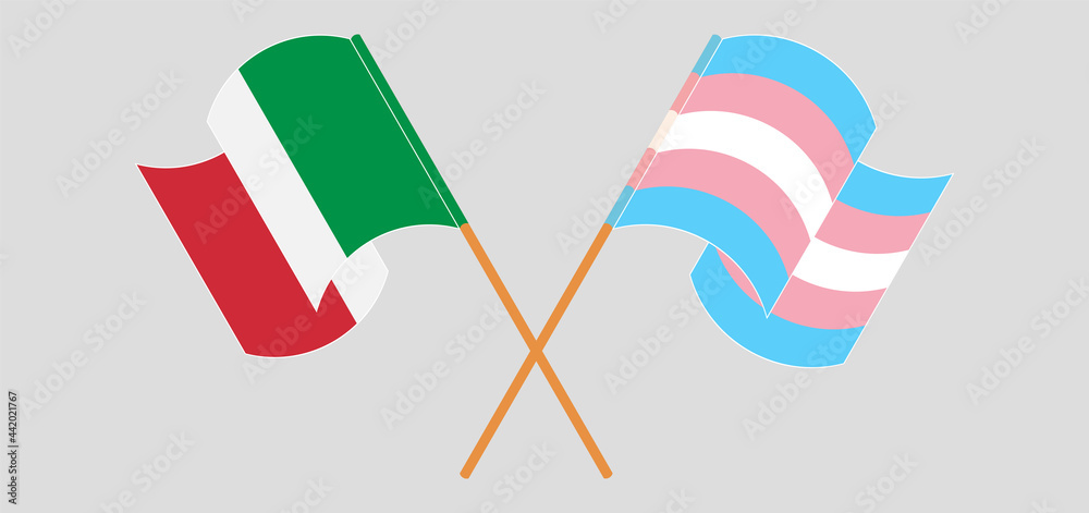 Crossed and waving flags of Italy and transgender pride Crossed and waving flags of Italy and transgender pride