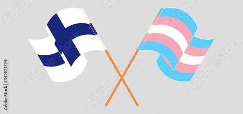 Crossed and waving flags of Finland and transgender pride