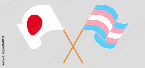 Crossed and waving flags of Japan and transgender pride