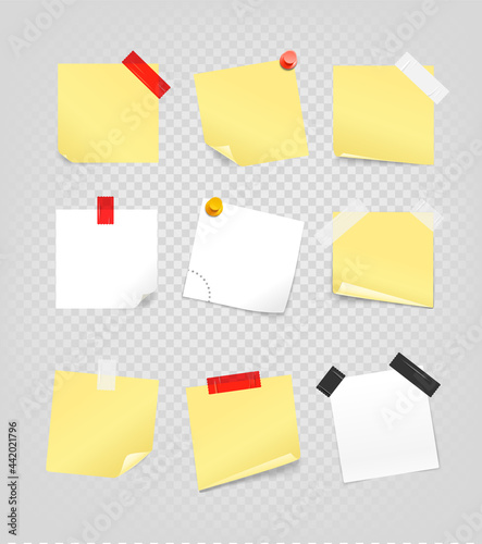 Paper stickers with tape patches and pins. Vector set