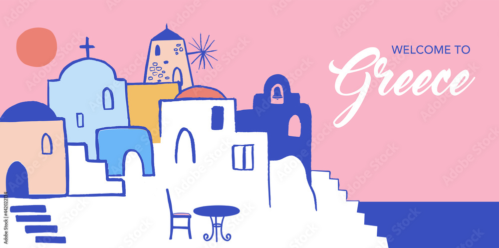 Greece hand drawn illustration. Santorini old town streets, traditional and famous houses and churches with blue domes  - obrazy, fototapety, plakaty 
