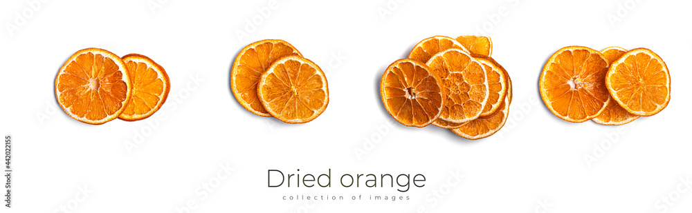 Dried orange isolated on white background. Orange fruits. - obrazy, fototapety, plakaty 