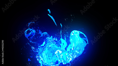 3d render. Injection of fluorescent ink in water isolated on black background. Glow particles or sparks like shiny magic spell. Fantastic background for festive event. Blue shades