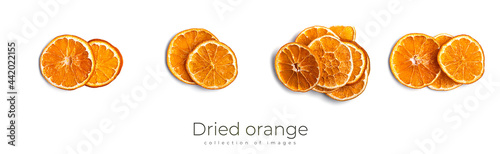 Dried orange isolated on white background. Orange fruits.