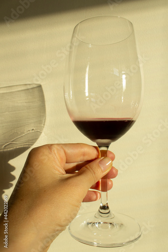 glass of red wine in hand on light vertical background  