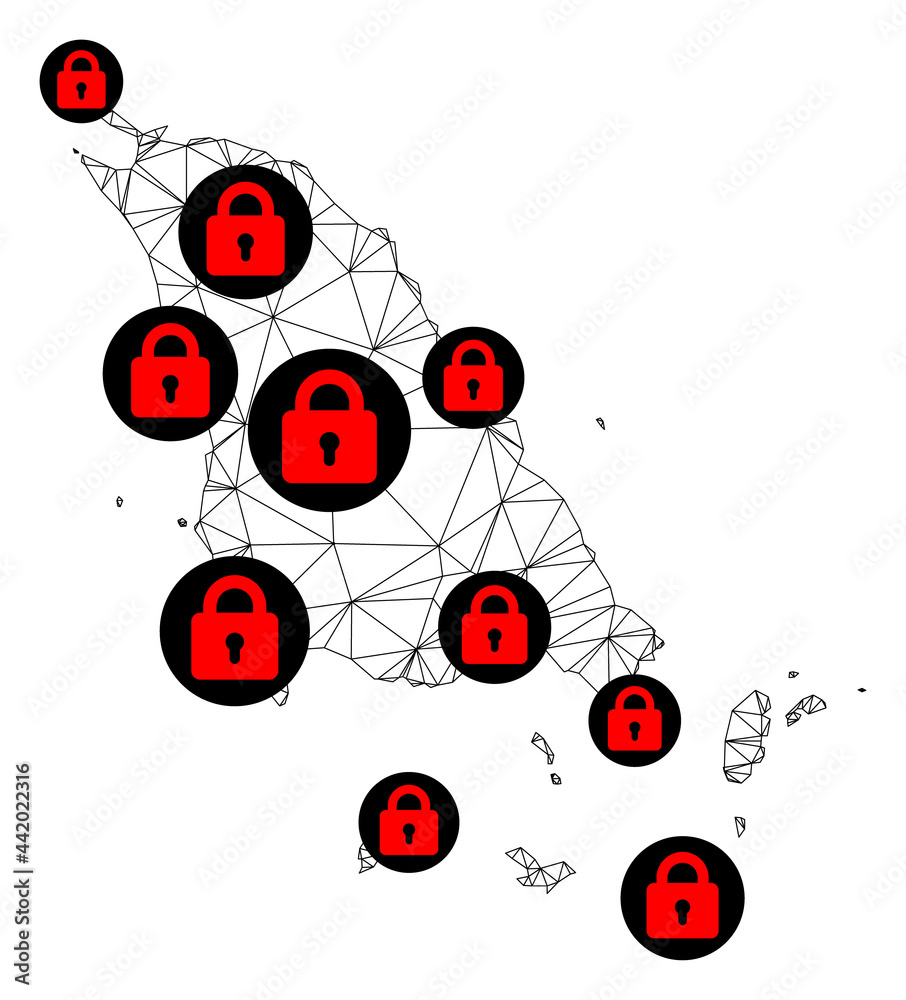 Polygonal mesh lockdown map of Koh Chang. Abstract mesh lines and locks form map of Koh Chang. Vector wire frame 2D polygonal line network in black color with red locks. Polygonal mesh lockdown map of Koh Chang. Abstract mesh lines and locks form map of Koh Chang. Vector wire frame 2D polygonal line network in black color with red locks.