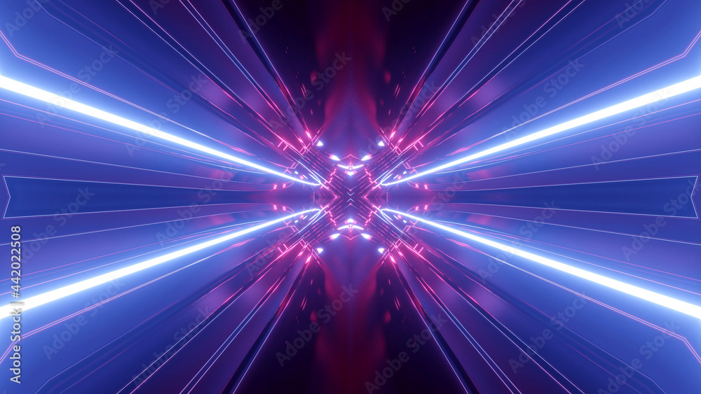 Fototapeta premium 3d render. Sci-fi tunnel with neon lights. Abstract high-tech tunnel as background in the style of cyberpunk or high-tech future. Symmetrical structure of purple light streaks.