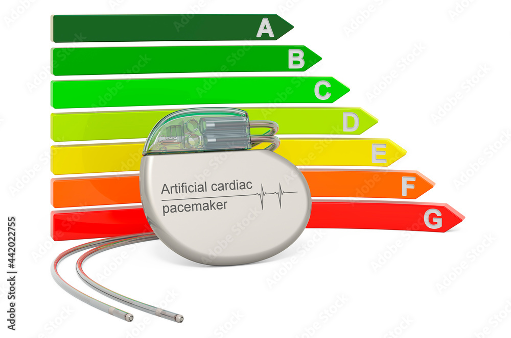 Artificial cardiac pacemaker with energy efficiency chart, 3D rendering ...