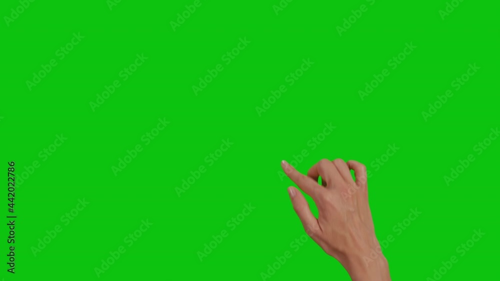 Gestures Chroma Key pack. Gestures at Green Screen Background. Female hand Close Up Showing Multitouch Gestures for Touch Screen: Click, Zoom, Vertical, Horizontal slide, Scrolling. Full green screen.