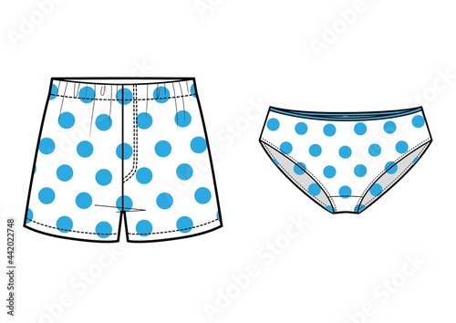 Set of women's and man's classic panties with a pattern in blue polka dots.