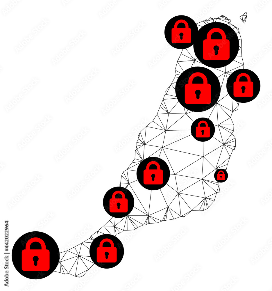 Polygonal mesh lockdown map of Fuerteventura Island. Abstract mesh lines and locks form map of Fuerteventura Island. Vector wire frame 2D polygonal line network in black color with red locks.