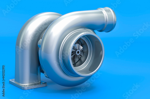 Car turbocharger on blue backdrop, 3D rendering
