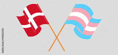 Crossed and waving flags of Denmark and transgender pride