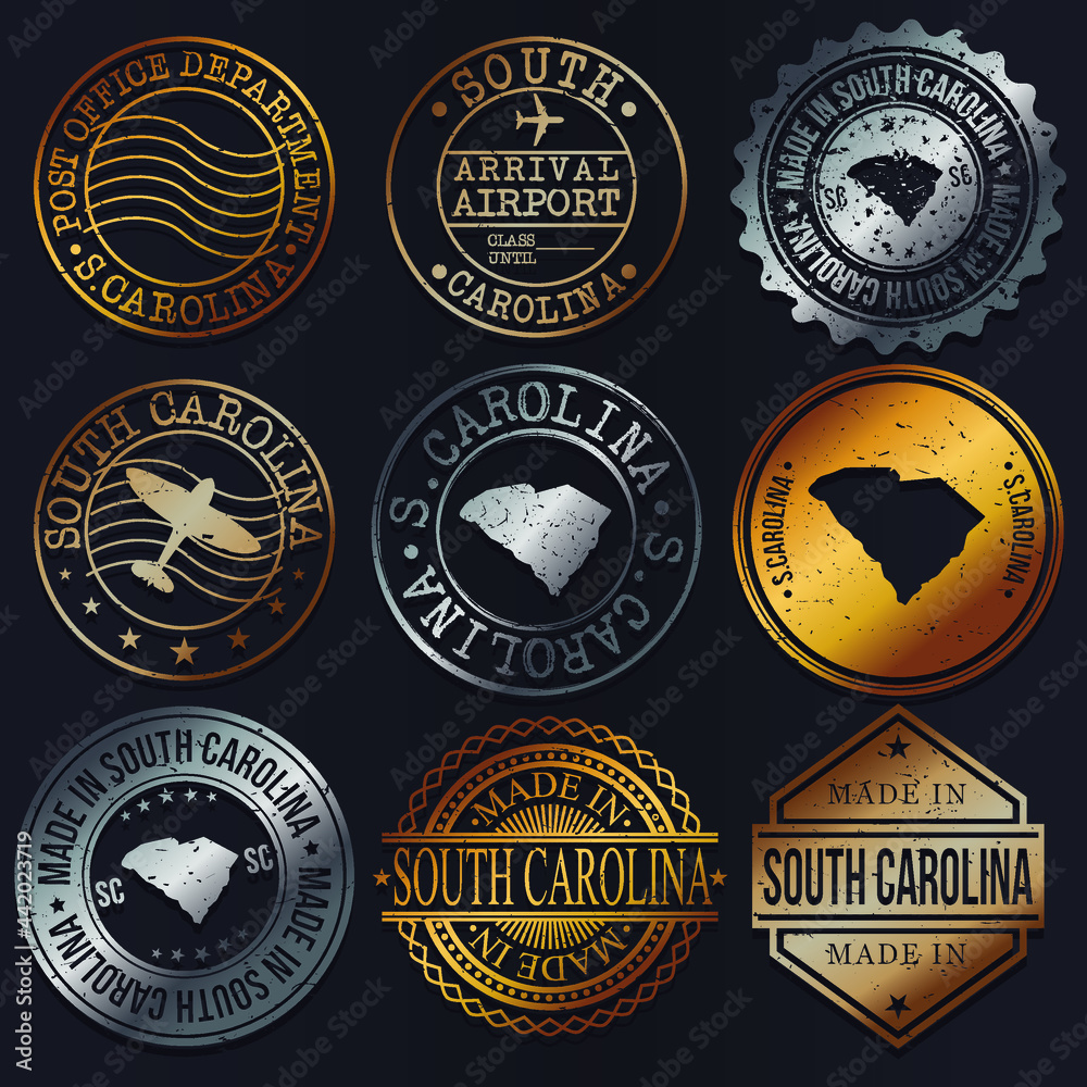 South Carolina, USA Business Metal Stamps. Gold Made In Product Seal. National Logo Icon. Symbol Design Insignia Country. South Carolina, USA Business Metal Stamps. Gold Made In Product Seal. National Logo Icon. Symbol Design Insignia Country.