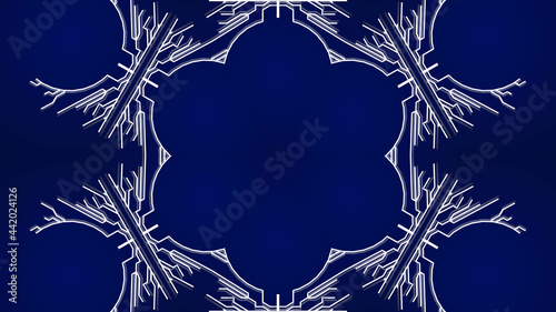 Fantastic bg. Abstract white wireframe on blue bg. Ai geometric pattern of lines, nodes and intersections, round structure. Solution by ai or neural network, branches of calculations. Sci-fi 3d render photo