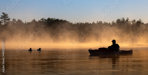 A kayaker at sunrise with a loon 