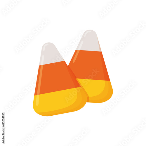 Cartoon candy corns. Traditional Halloween sweet treat isolated on white background. American fall confectionery. Vector illustration.
