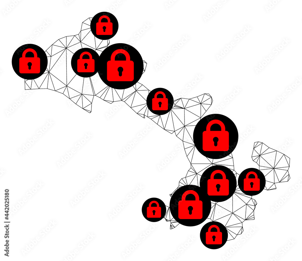 Polygonal mesh lockdown map of Gansu Province. Abstract mesh lines and locks form map of Gansu Province. Vector wire frame 2D polygonal line network in black color with red locks. Polygonal mesh lockdown map of Gansu Province. Abstract mesh lines and locks form map of Gansu Province. Vector wire frame 2D polygonal line network in black color with red locks.