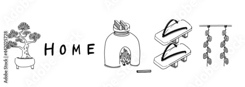 Japanese illustration bundle. Hand drawn sketch. Japanese lifestyle and home goods. Vector illustration of Japanese home item icons. Graphic design elements. Isolated objects.