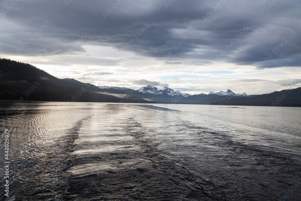 Wake of ship and cloudy landscape