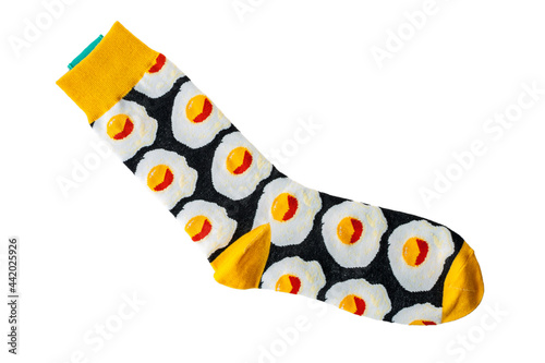 Cotton fabric socks, funny socks for adults, isolated on a white background, close-up