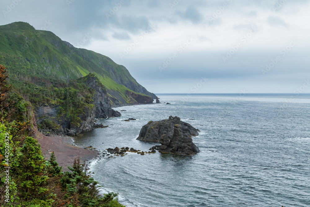 Ocean shore with a mountain in the background - Gros Morne, Newfoundland, Canada.