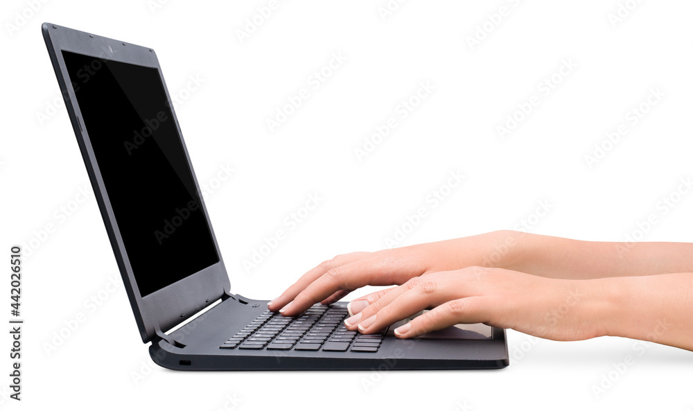 female hands work on a laptop. side view. isolated on white background female hands work on a laptop. side view. isolated on white background