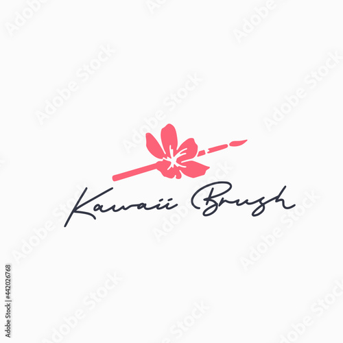 Kawai japan brush with sakura flower vector illustration logo design