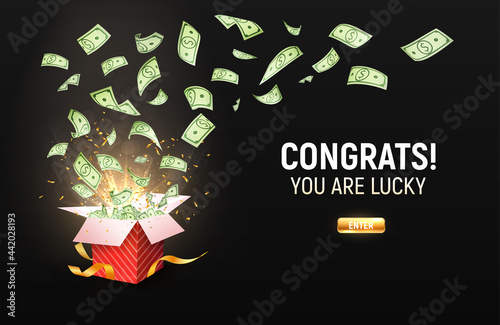 Dollar paper currency explosion outbox. Win money prizes vector banner. Gambling advertising illustration. Red gift box on dark background