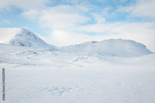 Mountains around Kungsleden trail covered in snow in April 2021, Lapland, Sweden