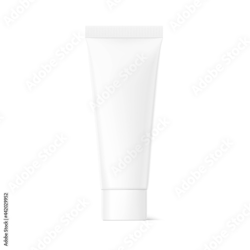 Blank plastic tube mockup for cosmetics with cap. Front view. Vector illustration isolated on white background. Can be use for your design, advertising, promo and etc. EPS10.	