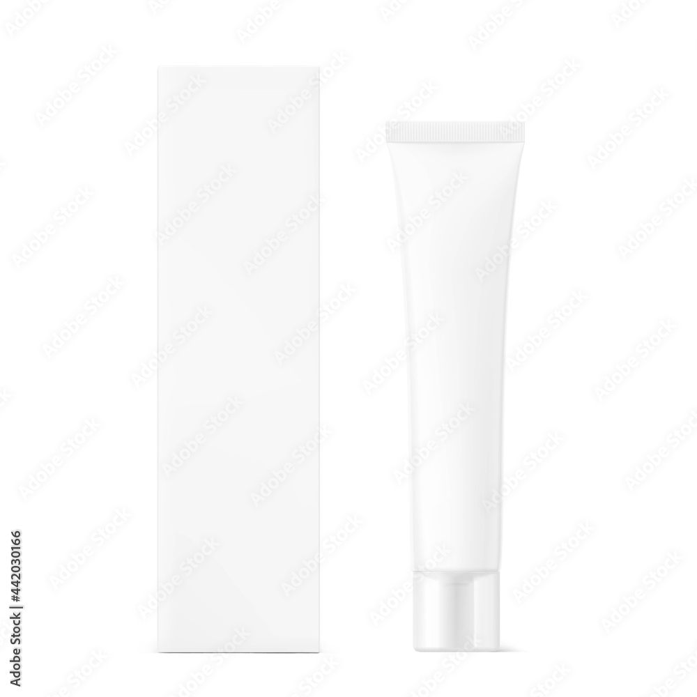 Blank plastic tube mockup with box. Vector illustration isolated on white background. Can be use for your design, advertising, promo and etc. EPS10. Blank plastic tube mockup with box. Vector illustration isolated on white background. Can be use for your design, advertising, promo and etc. EPS10.