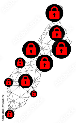 Polygonal mesh lockdown map of Masirah Island. Abstract mesh lines and locks form map of Masirah Island. Vector wire frame 2D polygonal line network in black color with red locks. photo