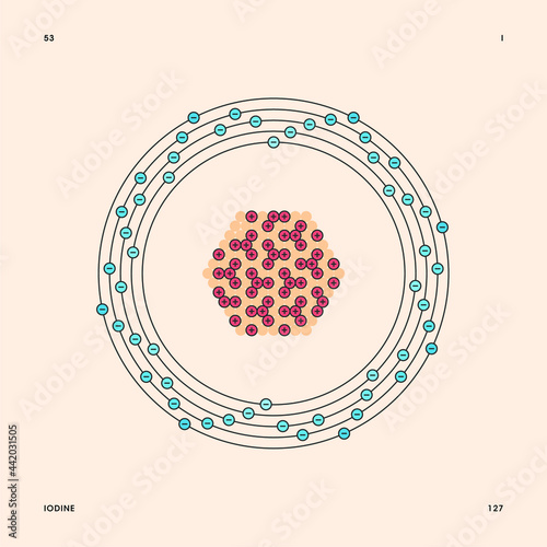 Bohr model representation of the iodine atom, number 53 and symbol I.
Conceptual vector illustration of iodine-127 isotope atom, mass number 127 and electron configuration 2, 8, 18, 18, 7.